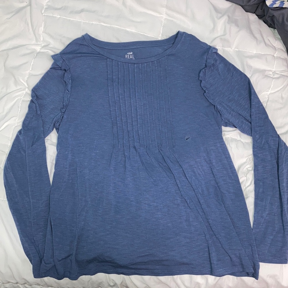 blue long sleeve blouse with ruffle designs